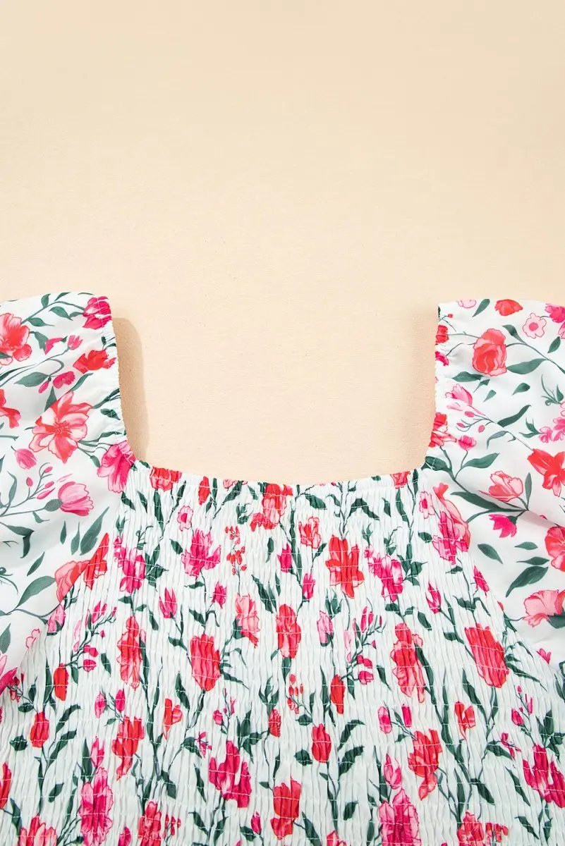 Pink Floral Puff Sleeve Square Neck Empire Waist Maxi Dress - Love Salve